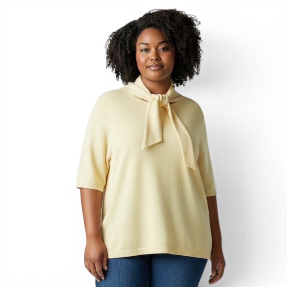Halogen NWT Butter Yellow Tie Neck Short Sleeve Sweater-XL